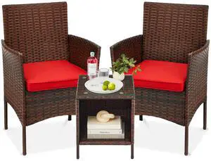 3-Piece Outdoor Wicker Conversation Bistro Set, Space Saving Patio Furniture for Garden w/Side Table - Brown/Red 3-Piece Outdoor Wicker Conversation Bistro Set, Space Saving Patio Furniture for Garden w/Side Table - Brown/Red