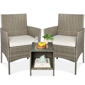 3-Piece Outdoor Wicker Conversation Bistro Set, Space Saving Patio Furniture for Garden w/Side Table - Taupe/White Sand 3-Piece Outdoor Wicker Conversation Bistro Set, Space Saving Patio Furniture for Garden w/Side Table - Taupe/White Sand