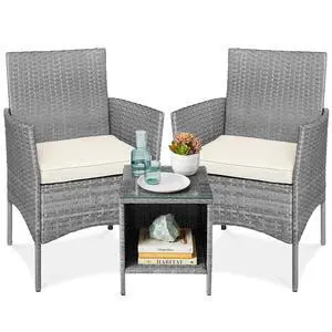 3-Piece Outdoor Wicker Conversation Bistro Set, Space Saving Patio Furniture for Garden w/Side Table - Gray/Cream 3-Piece Outdoor Wicker Conversation Bistro Set, Space Saving Patio Furniture for Garden w/Side Table - Gray/Cream