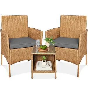 3-Piece Outdoor Wicker Conversation Bistro Set, Space Saving Patio Furniture for Garden w/Side Table - Natural/Gray 3-Piece Outdoor Wicker Conversation Bistro Set, Space Saving Patio Furniture for Garden w/Side Table - Natural/Gray