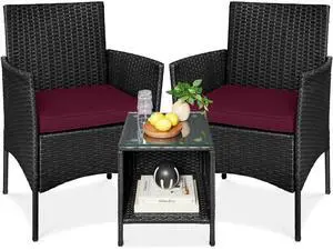 3-Piece Outdoor Wicker Conversation Bistro Set, Space Saving Patio Furniture for Garden w/Side Table - Black/Deep Burgundy 3-Piece Outdoor Wicker Conversation Bistro Set, Space Saving Patio Furniture for Garden w/Side Table - Black/Deep Burgundy
