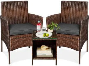 3-Piece Outdoor Wicker Conversation Bistro Set, Space Saving Patio Furniture for Garden w/Side Table - Brown/Stone Gray 3-Piece Outdoor Wicker Conversation Bistro Set, Space Saving Patio Furniture for Garden w/Side Table - Brown/Stone Gray