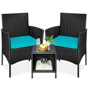 3-Piece Outdoor Wicker Conversation Bistro Set, Space Saving Patio Furniture for Garden w/Side Table - Black/Teal 3-Piece Outdoor Wicker Conversation Bistro Set, Space Saving Patio Furniture for Garden w/Side Table - Black/Teal