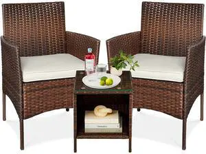 3-Piece Outdoor Wicker Conversation Bistro Set, Space Saving Patio Furniture for Garden w/Side Table - Brown/White Sand 3-Piece Outdoor Wicker Conversation Bistro Set, Space Saving Patio Furniture for Garden w/Side Table - Brown/White Sand