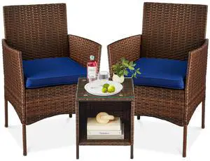 3-Piece Outdoor Wicker Conversation Bistro Set, Space Saving Patio Furniture for Garden w/Side Table - Brown/Navy 3-Piece Outdoor Wicker Conversation Bistro Set, Space Saving Patio Furniture for Garden w/Side Table - Brown/Navy