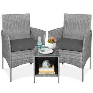 3-Piece Outdoor Wicker Conversation Bistro Set, Space Saving Patio Furniture for Garden w/Side Table - Gray/Gray 3-Piece Outdoor Wicker Conversation Bistro Set, Space Saving Patio Furniture for Garden w/Side Table - Gray/Gray