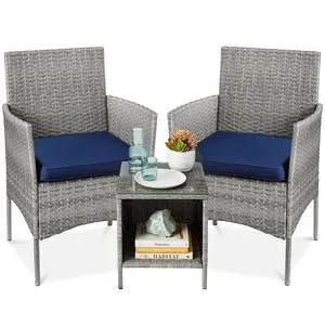 3-Piece Outdoor Wicker Conversation Bistro Set, Space Saving Patio Furniture for Garden w/Side Table - Gray/Navy 3-Piece Outdoor Wicker Conversation Bistro Set, Space Saving Patio Furniture for Garden w/Side Table - Gray/Navy