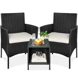 3-Piece Outdoor Wicker Conversation Bistro Set, Space Saving Patio Furniture for Garden w/Side Table - Black/White Sand 3-Piece Outdoor Wicker Conversation Bistro Set, Space Saving Patio Furniture for Garden w/Side Table - Black/White Sand