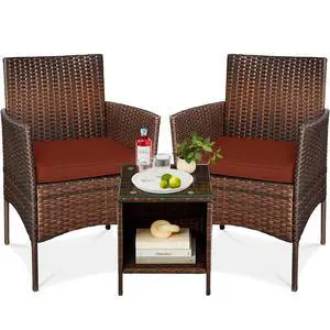 3-Piece Outdoor Wicker Conversation Bistro Set, Space Saving Patio Furniture for Garden w/Side Table - Brown/Dark Rust 3-Piece Outdoor Wicker Conversation Bistro Set, Space Saving Patio Furniture for Garden w/Side Table - Brown/Dark Rust
