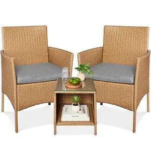 3-Piece Outdoor Wicker Conversation Bistro Set, Space Saving Patio Furniture for Garden w/Side Table - Natural/Cement Gray 3-Piece Outdoor Wicker Conversation Bistro Set, Space Saving Patio Furniture for Garden w/Side Table - Natural/Cement Gray