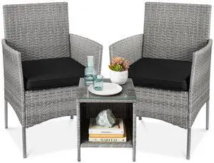 3-Piece Outdoor Wicker Conversation Bistro Set, Space Saving Patio Furniture for Garden w/Side Table - Gray/Black 3-Piece Outdoor Wicker Conversation Bistro Set, Space Saving Patio Furniture for Garden w/Side Table - Gray/Black