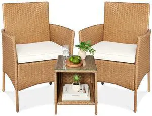 3-Piece Outdoor Wicker Conversation Bistro Set, Space Saving Patio Furniture for Garden w/Side Table - Natural/Ivory 3-Piece Outdoor Wicker Conversation Bistro Set, Space Saving Patio Furniture for Garden w/Side Table - Natural/Ivory