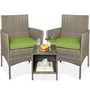 3-Piece Outdoor Wicker Conversation Bistro Set, Space Saving Patio Furniture for Garden w/Side Table - Taupe/Pistachio 3-Piece Outdoor Wicker Conversation Bistro Set, Space Saving Patio Furniture for Garden w/Side Table - Taupe/Pistachio