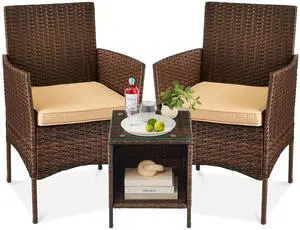 3-Piece Outdoor Wicker Conversation Bistro Set, Space Saving Patio Furniture for Garden w/Side Table - Brown/Tan 3-Piece Outdoor Wicker Conversation Bistro Set, Space Saving Patio Furniture for Garden w/Side Table - Brown/Tan
