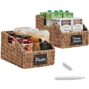 Pantry Baskets for Organizing, Wicker Basket w/Built-in Handles, Handwoven Wicker Storage Baskets for Shelves, Water Hyacinth, 2-Pack - Chestnut Pantry Baskets for Organizing, Wicker Basket w/Built-in Handles, Handwoven Wicker Storage Baskets for Shelves, Water Hyacinth, 2-Pack - Chestnut