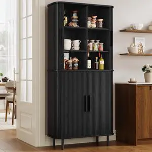 71" Tall Fluted Pantry Cabinet, Mid-Century Modern Kitchen Pantry Storage Cabinet with 2 Pegboards, 10 Hooks, Freestanding Cupboard with 4 Adjustable Shelves, Sliding Doors (Black) 71" Tall Fluted Pantry Cabinet, Mid-Century Modern Kitchen Pantry Storage Cabinet with 2 Pegboards, 10 Hooks, Freestanding Cupboard with 4 Adjustable Shelves, Sliding Doors (Black)