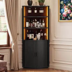 72" Corner Bar Cabinet with LED Light, Liquor Bar Cabinet Black 72" Corner Bar Cabinet with LED Light, Liquor Bar Cabinet Black