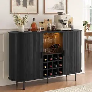 55 Inch Fluted Wine Bar Cabinet with LED Light, Black 55 Inch Fluted Wine Bar Cabinet with LED Light, Black