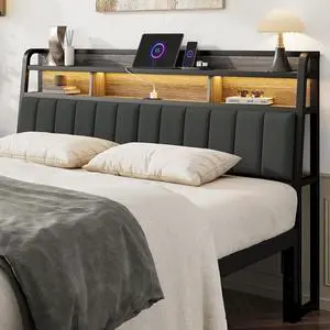 King Headboard Only with Storage, Charging Station, Black & Grey King Headboard Only with Storage, Charging Station, Black & Grey