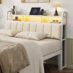 Queen Headboard Only with Storage, Charging Station, Off White Queen Headboard Only with Storage, Charging Station, Off White