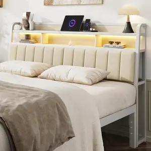 King Headboard Only with Storage, Charging Station, Off White King Headboard Only with Storage, Charging Station, Off White