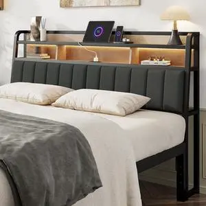 King Headboard Only with Storage, Charging Station, Black & Brown King Headboard Only with Storage, Charging Station, Black & Brown