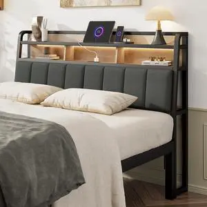 Queen Headboard Only with Storage, Charging Station, Black&Brown Queen Headboard Only with Storage, Charging Station, Black&Brown