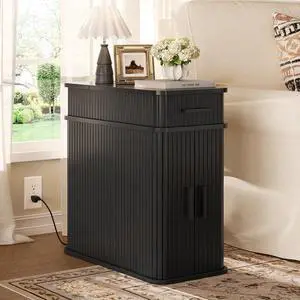 Fluted Narrow Side Table with Drawers, Black Fluted Narrow Side Table with Drawers, Black