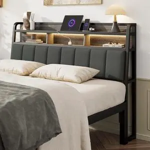 Queen Headboard Only with Storage, Charging Station, Black & Grey Queen Headboard Only with Storage, Charging Station, Black & Grey