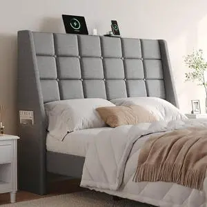 Ergonomic Upholstered Full Size Headboard with Charging Station, Grey Ergonomic Upholstered Full Size Headboard with Charging Station, Grey