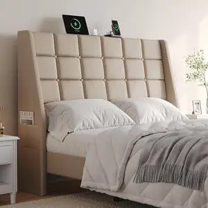 Ergonomic Upholstered Full Size Headboard with Charging Station, Beige Ergonomic Upholstered Full Size Headboard with Charging Station, Beige