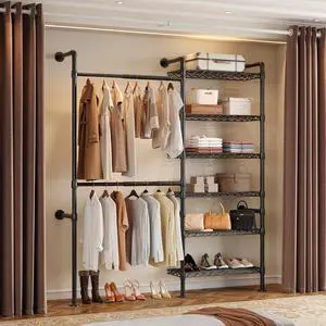 2-Bay Wall-Mounted Closet System, Expandable Industrial Pipe Clothing Rack 2-Bay Wall-Mounted Closet System, Expandable Industrial Pipe Clothing Rack