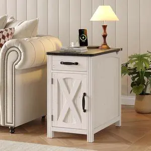 23"Farmhouse End Table with Storage, Side Table with Charging Station White 23"Farmhouse End Table with Storage, Side Table with Charging Station White