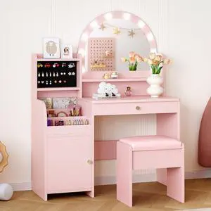 Kids Vanity Table and Chair Set with Lights for Girls, Pink Kids Vanity Table and Chair Set with Lights for Girls, Pink
