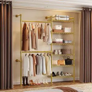 2-Bay Wall-Mounted Closet System, Expandable Industrial Pipe Clothing Rack 2-Bay Wall-Mounted Closet System, Expandable Industrial Pipe Clothing Rack