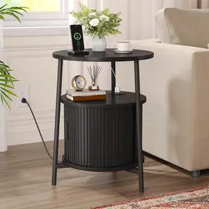 Round Side Table with Charging Station, Black Round Side Table with Charging Station, Black