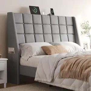 Ergonomic Upholstered Queen Headboard wtih Charging Station, Grey Ergonomic Upholstered Queen Headboard wtih Charging Station, Grey
