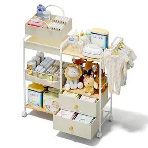 Diaper Caddy Organizer, Baby Storage Cart with Hanging Rack, Beige Diaper Caddy Organizer, Baby Storage Cart with Hanging Rack, Beige