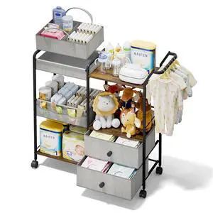 Diaper Caddy Organizer, Baby Storage Cart with Hanging Rack, Gray Diaper Caddy Organizer, Baby Storage Cart with Hanging Rack, Gray