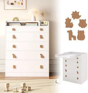 Changing Table Dresser with Foldable Top, 5-Drawer Nursery Baby Dresser, Space-Saving Diaper Changing Station for Bedroom, White Changing Table Dresser with Foldable Top, 5-Drawer Nursery Baby Dresser, Space-Saving Diaper Changing Station for Bedroom, White
