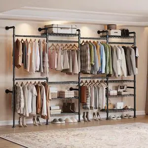4-Bay Wall-Mounted Closet System, Expandable Industrial Pipe Clothing Racks 4-Bay Wall-Mounted Closet System, Expandable Industrial Pipe Clothing Racks