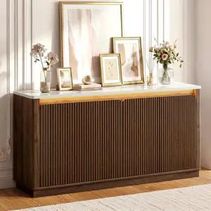 Sideboard Buffet Cabinet with LED Light & Faux Marble Top, Walnut Sideboard Buffet Cabinet with LED Light & Faux Marble Top, Walnut
