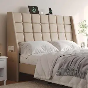 Ergonomic Upholstered Queen Headboard wtih Charging Station, Beige Ergonomic Upholstered Queen Headboard wtih Charging Station, Beige