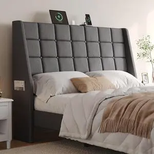 Ergonomic Upholstered Queen Headboard wtih Charging Station, Dark Grey Ergonomic Upholstered Queen Headboard wtih Charging Station, Dark Grey