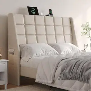 Ergonomic Upholstered Queen Headboard wtih Charging Station, Beige Ergonomic Upholstered Queen Headboard wtih Charging Station, Beige