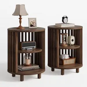 Round End Table Set of 2,Wood Side Tables for Living Room,Walnut Round End Table Set of 2,Wood Side Tables for Living Room,Walnut