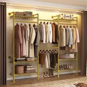3-Bay Industrial Pipe Closet System, Wall Mounted Garment Racks, Gold 3-Bay Industrial Pipe Closet System, Wall Mounted Garment Racks, Gold