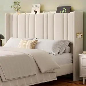 Queen Headboard with Storage, Linen Vertical Wingback, Off White Queen Headboard with Storage, Linen Vertical Wingback, Off White