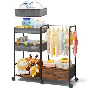 Diaper Caddy Organizer, Baby Storage Cart with Kids Clothing Rack Diaper Caddy Organizer, Baby Storage Cart with Kids Clothing Rack