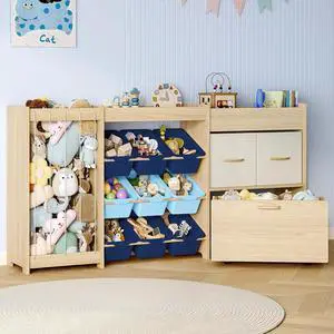 5-in-1 Toy Organizer, Plush Holder, 9 Blue Bins, Toy Chest 5-in-1 Toy Organizer, Plush Holder, 9 Blue Bins, Toy Chest